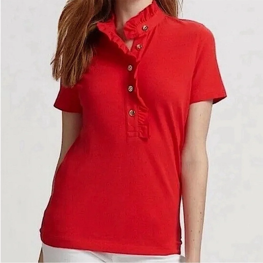 Tory Burch Lidia Ruffled Polo Shirt Red With Gold Logo Buttons Top Sz M